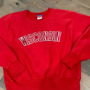 Champion Reverse Weave Wisconsin Badgers Sweatshirt Crew Neck Spell Out Patches